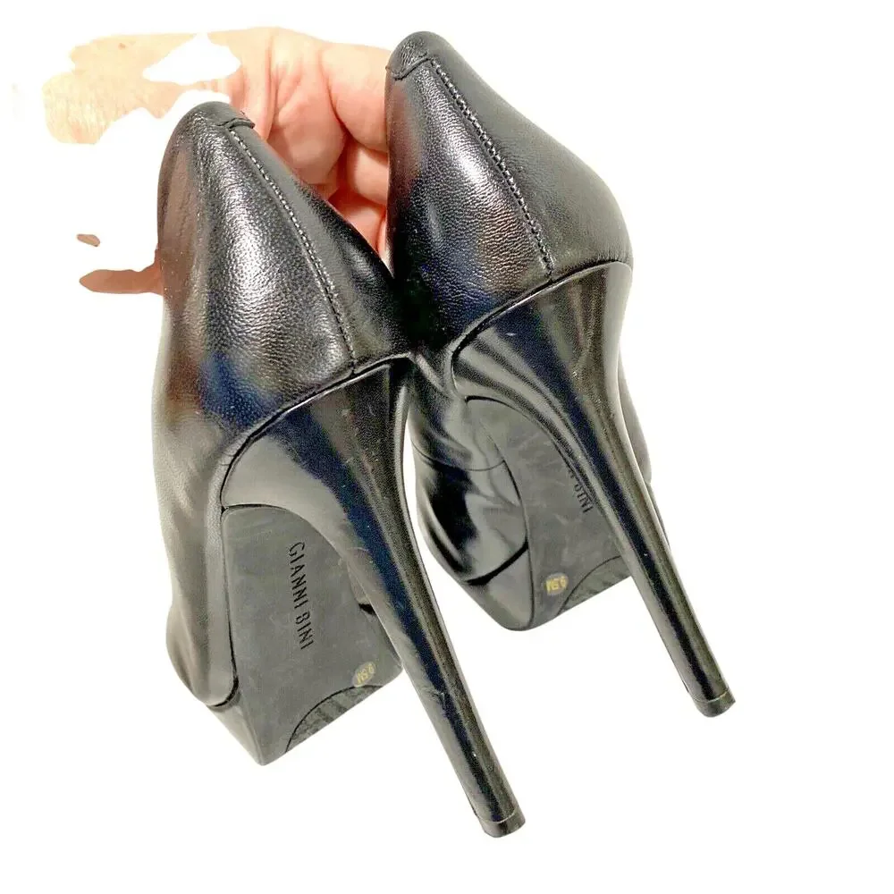 Gianni Bini Black Leather Platform High Heels Pumps Classic Stiletto Shoes 9.5M